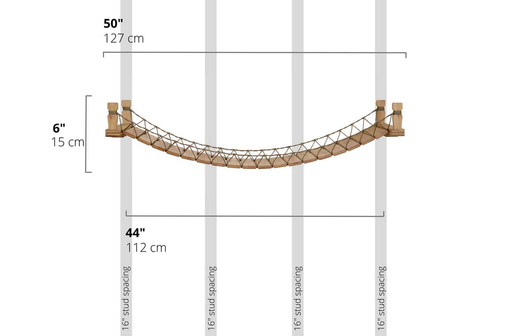 Diagram depicting installation of 50" bridge on wall with 16" stud spacing. Bridge shown is Natural and Paracord.