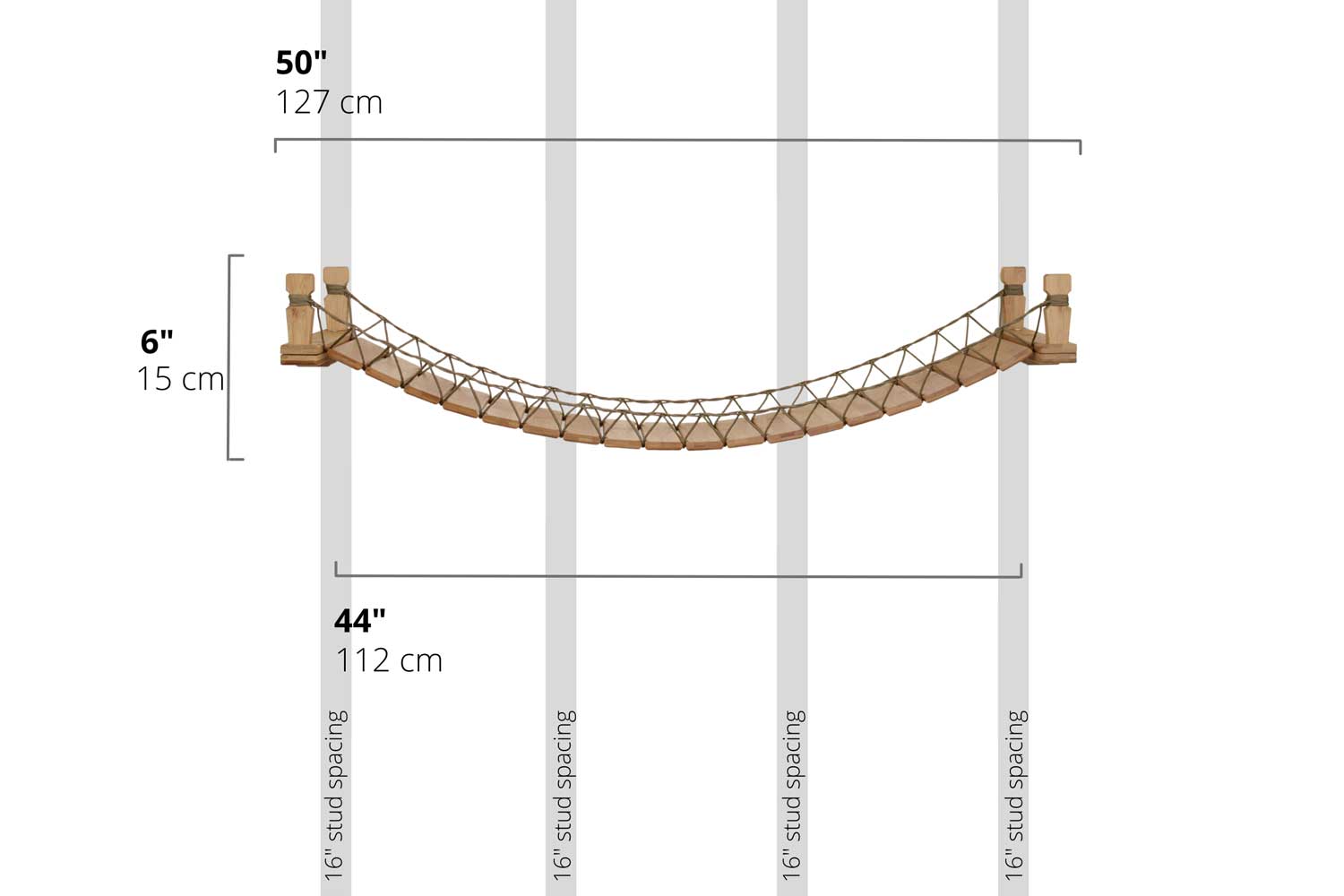 Diagram depicting installation of 50" bridge on wall with 16" stud spacing. Bridge shown is Natural and Paracord.