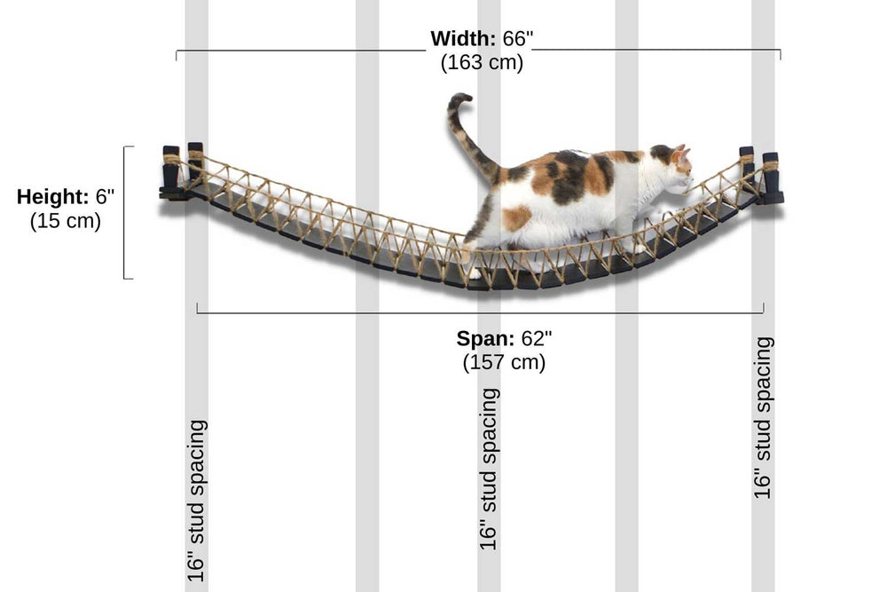 Diagram depicting installation of 66" bridge on wall with 16" stud spacing. Bridge shown is Onyx and Twine.