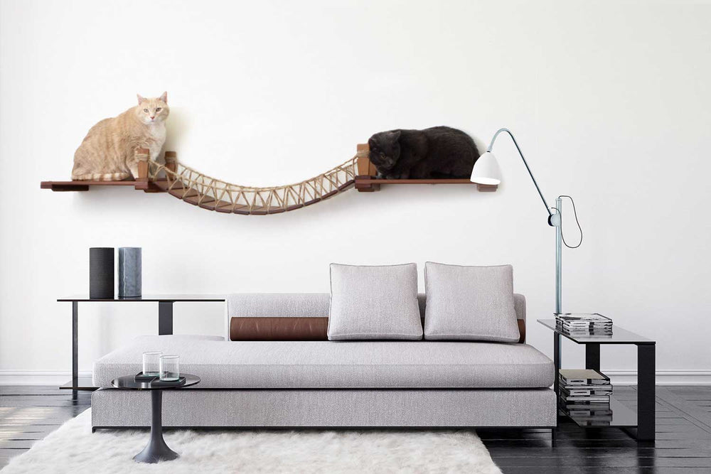 2 large cats relaxing on 34" Bridge with Landings. Bridge shown in English Chestnut/Twine.