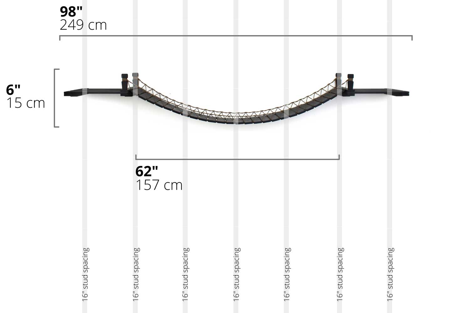 Diagram depicting 66" Bridge with Landings (total of 98" wide) mounted onto a wall with 16" stud spacings.
