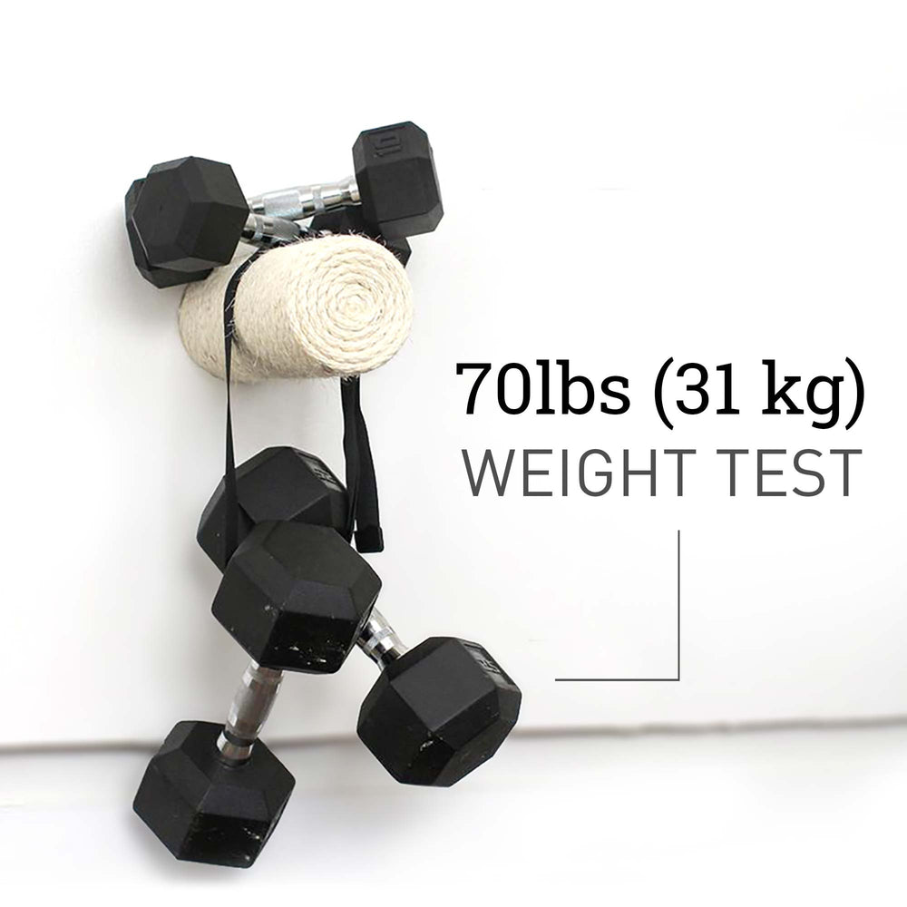 Graphic showing weight capacity of floating sisal pole. Text reads: "70lbs (31 kg) Weight Test."