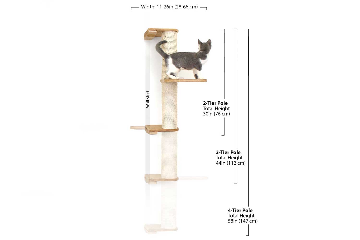 Graphic showing dimensions of sisal pole tiers, mounted on single wall stud. Width: 11-26 inches (28-66 cm) depending on Leaf Shelf being included or not. 2-tier height total: 30" (76 cm) 3-tier height total: 44" (112 cm) 4-tier height total: 58" (147 cm)