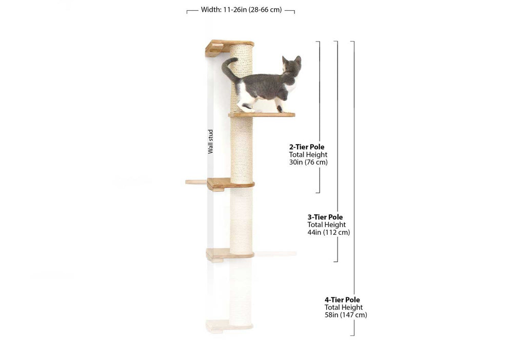 Graphic showing dimensions of sisal pole tiers, mounted on single wall stud. Width: 11-26 inches (28-66 cm) depending on Leaf Shelf being included or not. 2-tier height total: 30" (76 cm) 3-tier height total: 44" (112 cm) 4-tier height total: 58" (147 cm)