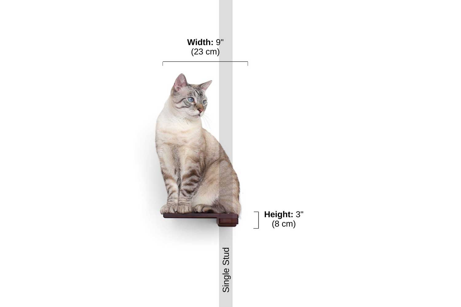 Diagram showing dimensions of Step Shelf, mounted on a single wall stud. Width: 9" (23 cm) Height: 3" (8 cm)