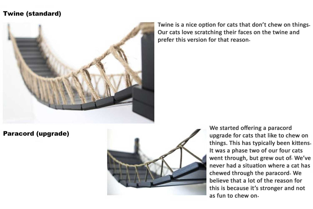 Detail images of the standard Twine bridge with description, as well as the upgraded Paracord bridge and description. Bridges shown are Onyx finish.