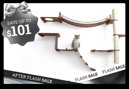 Cat climbing wall with shelves and a cat on a white background, featuring a flash sale banner.