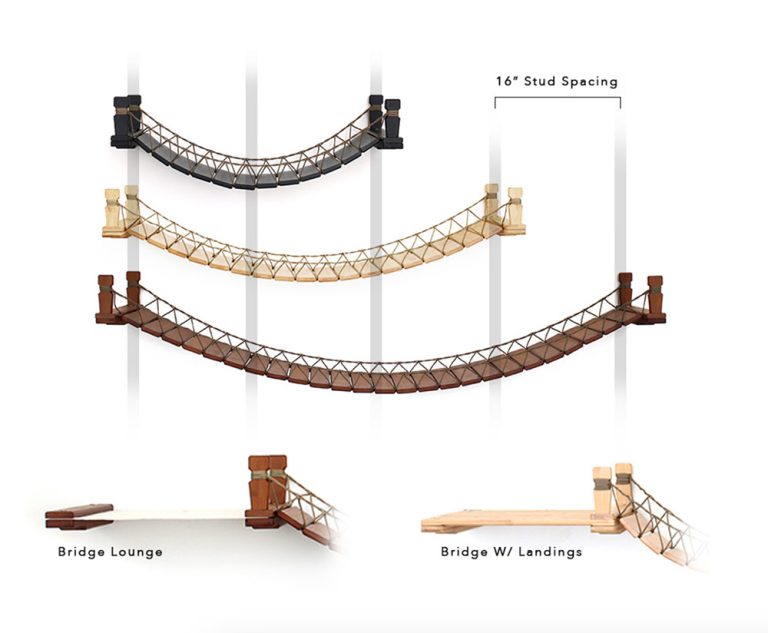 Diagram comparing available bridge sizes. Top to bottom is 34" Onyx, 50" Natural, 66" English Chestnut. Also shows available add-ons Bridge Lounge and Bridge with Landings.