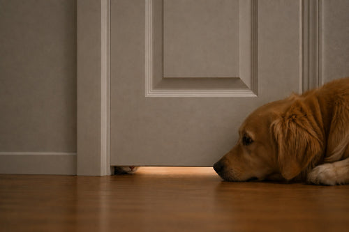Dog peeking through a gap in a door between two rooms.