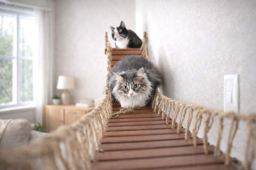 Two cats on a cat bridge in a home setting