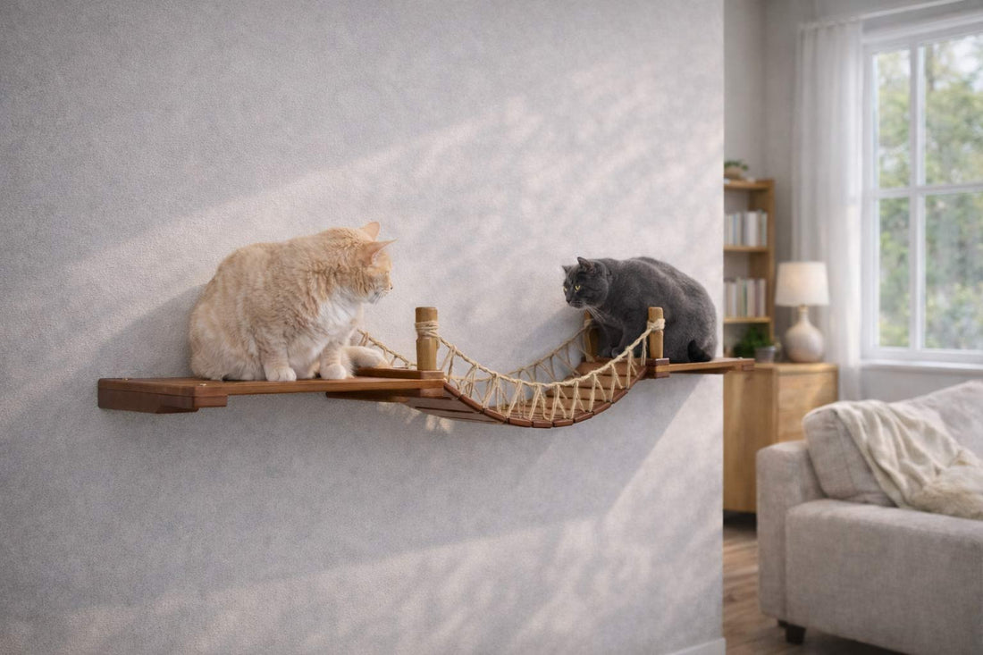 Wall-mounted cat bridge across a living room doorway