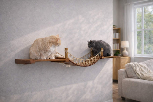 Two cats on a wooden cat bridge in a living room setting.