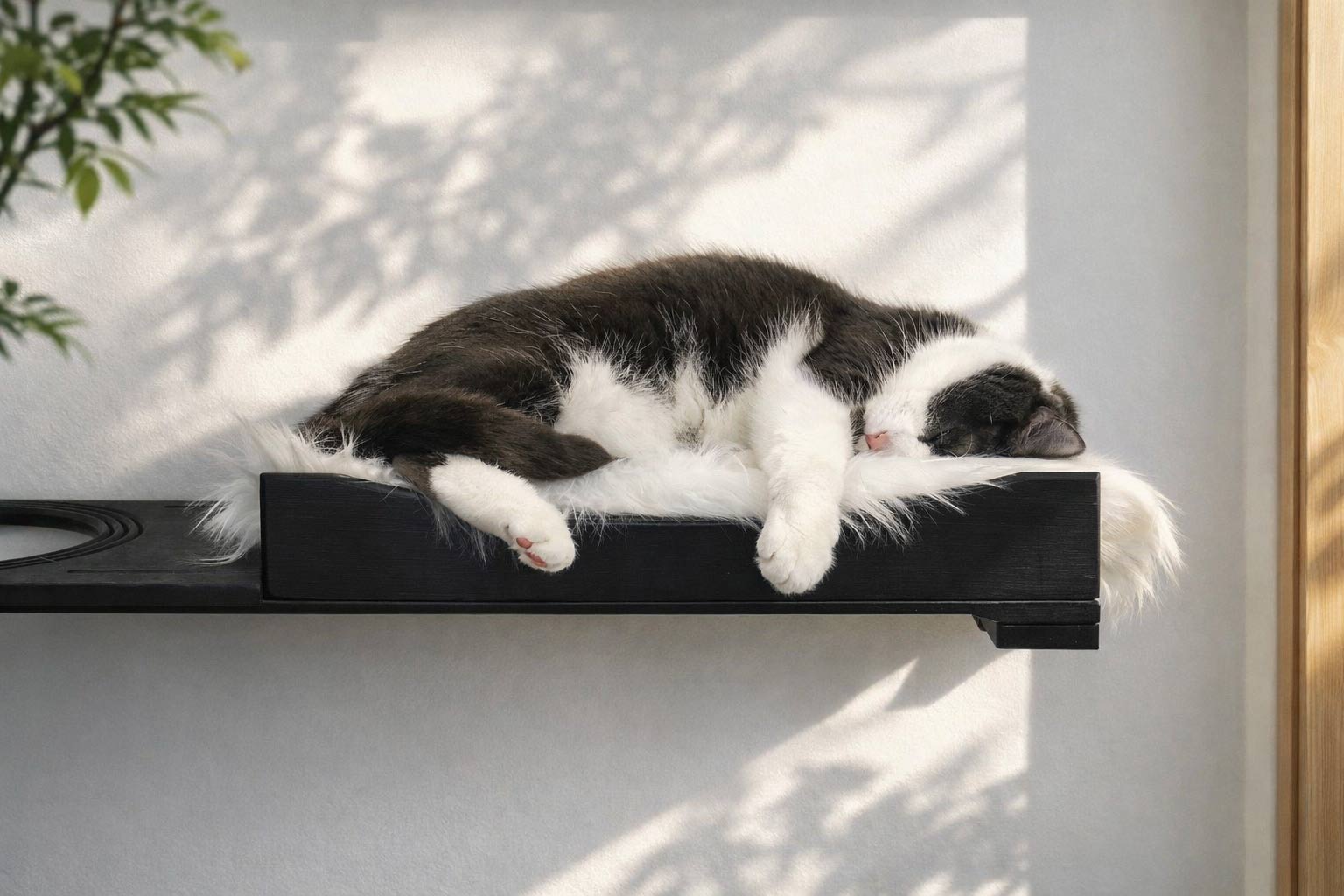 Cat sleeping on a black cat shelf against a white wall with sunlight casting shadows.