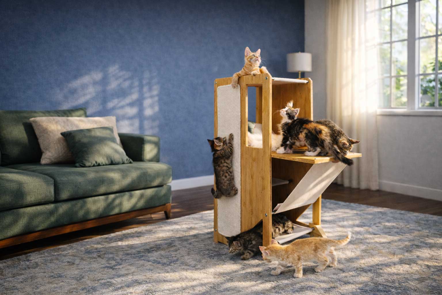 Wooden cat tree with multiple cats in a living room setting