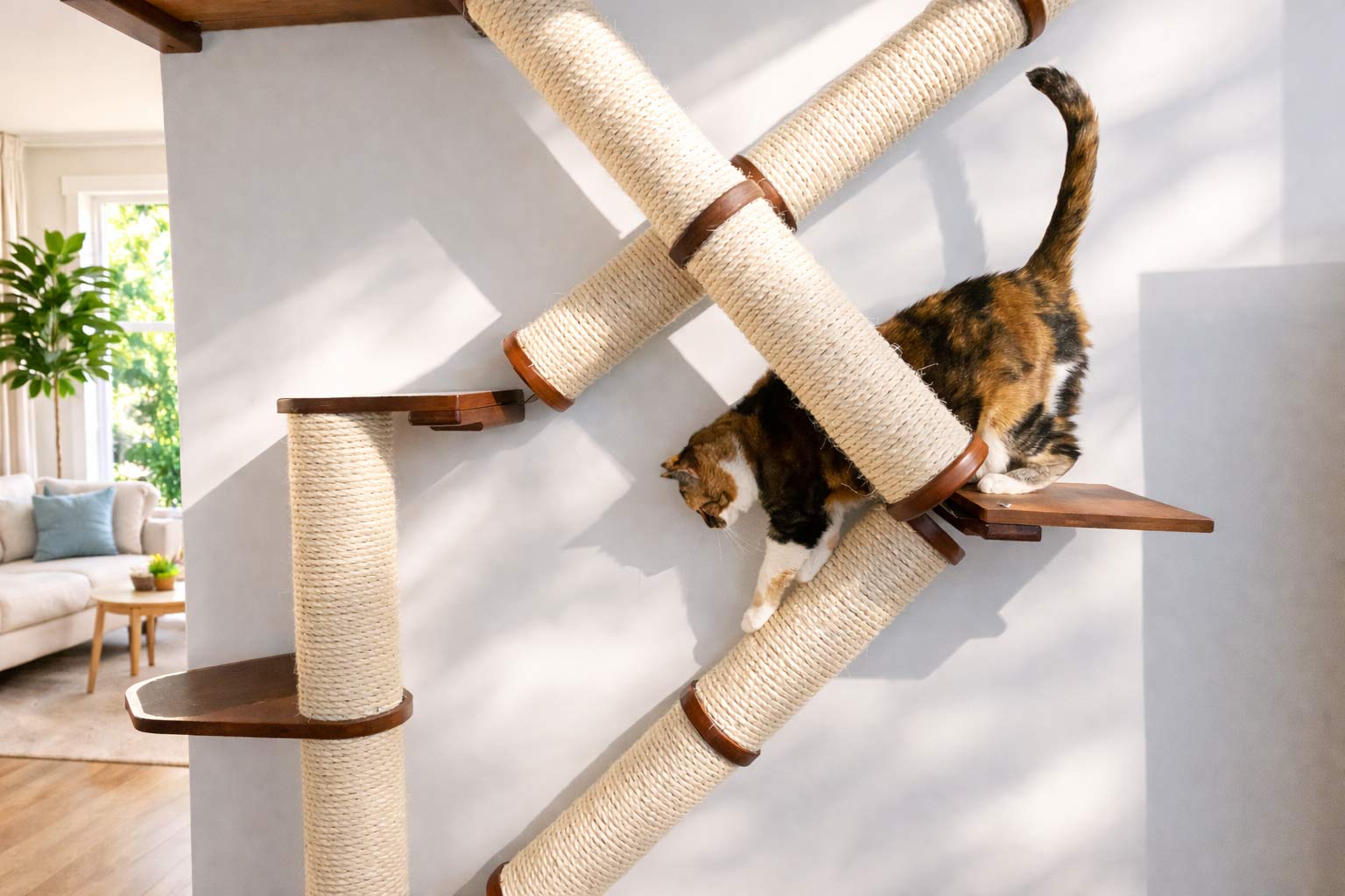 Cat climbing on a multi-level cat tree in a home setting