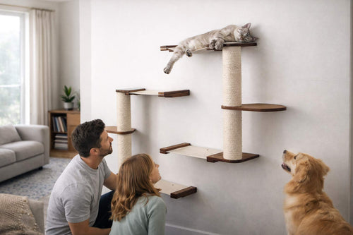 Man and woman with a dog looking at a cat tree in a living room.