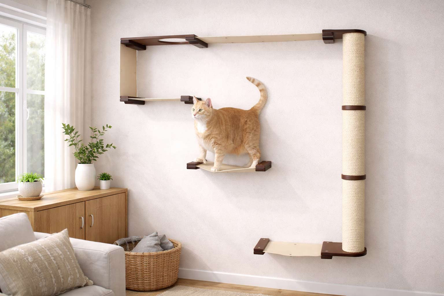 cat standing on a cat wall condo in living room setting