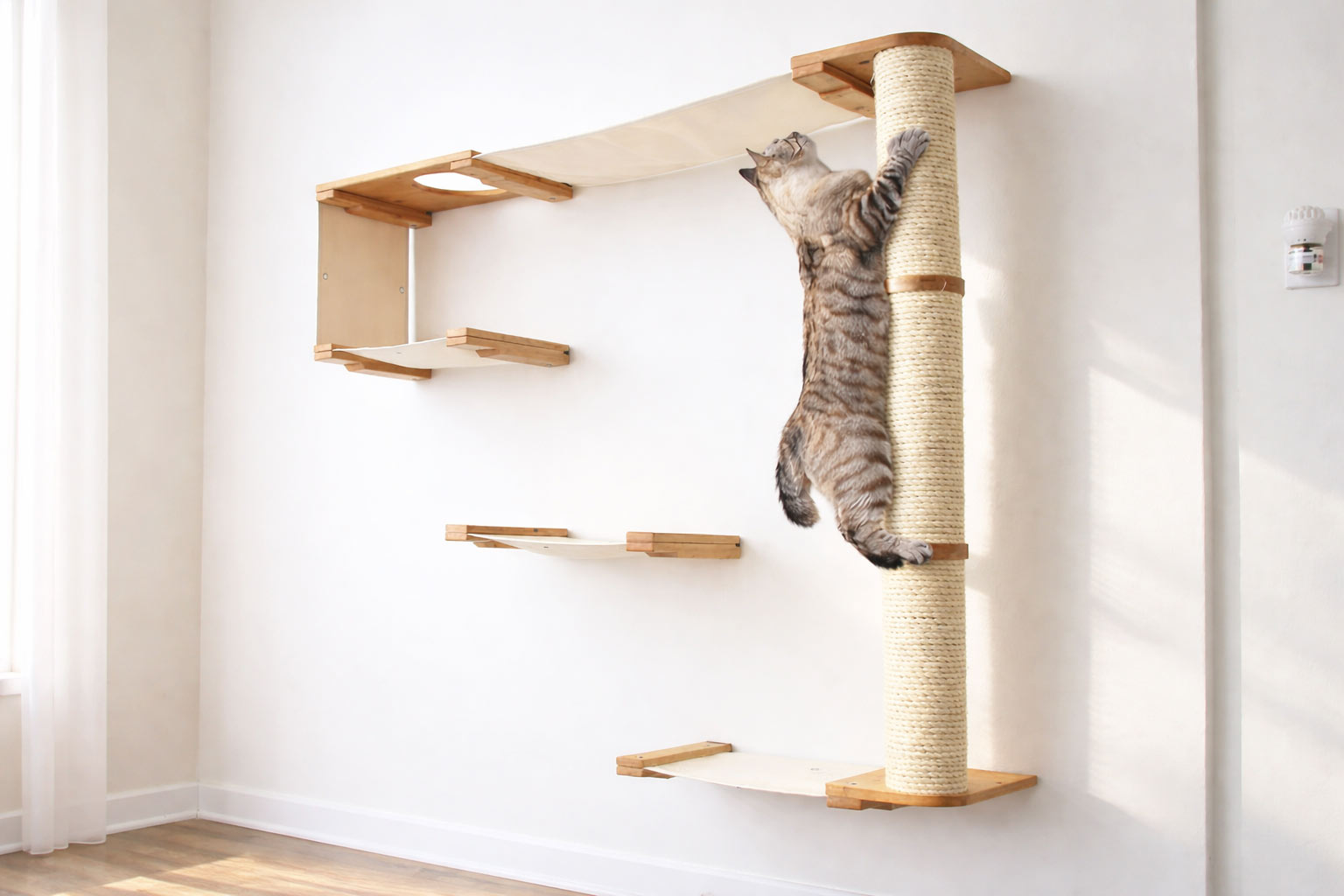 Cat climbing a wooden scratching post on a wall-mounted cat tree.