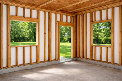 Unfinished room with wooden walls and large windows showing greenery outside