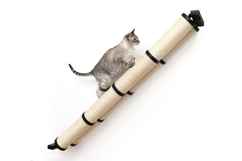 Sleek gray cat ascending a slanted cat scratching pole