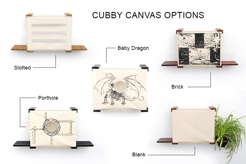 Graphic showing several Cubby Canvas options: Slotted, Baby Dragon, Brick, Porthole, and Blank.