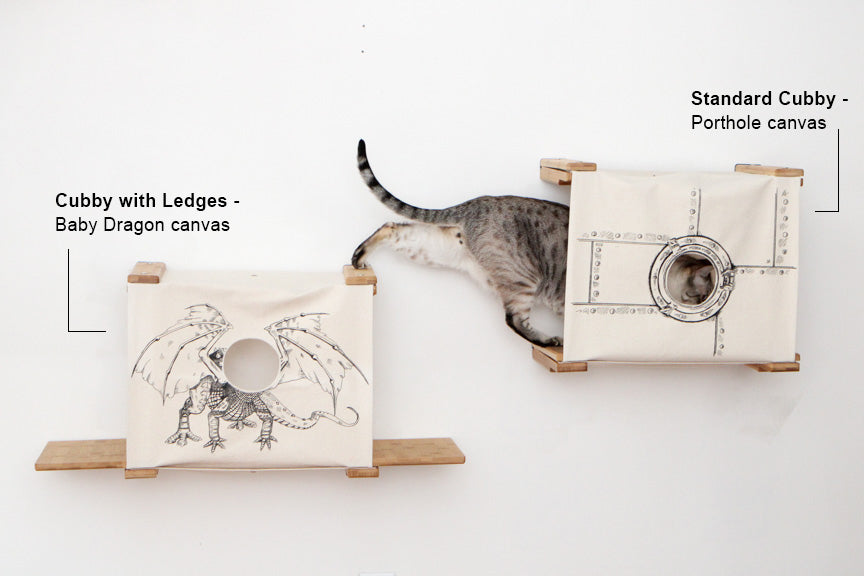 Graphic shows 2 options for Cubby: with Ledges, and Standard. Canvas options shown are Baby Dragon and Porthole.