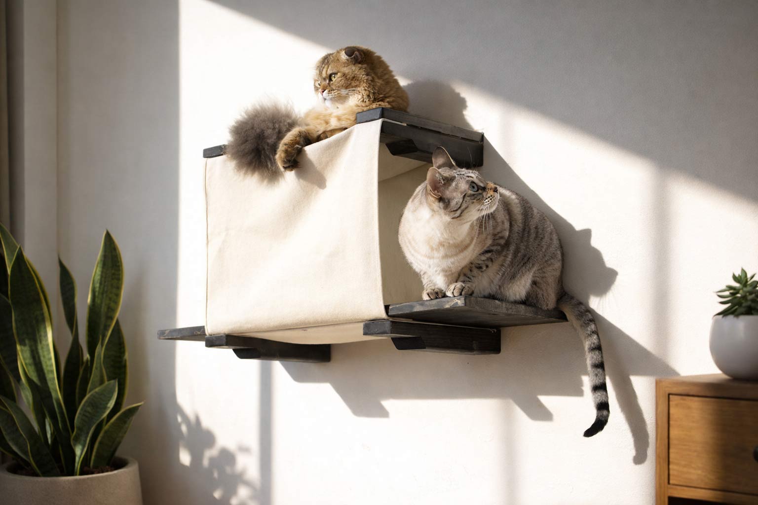 cats sitting on a cat cubby