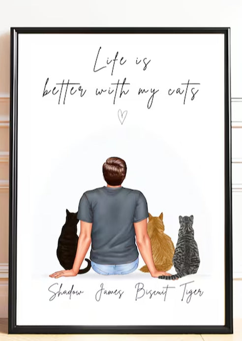 Custom print with a cat dad sitting with his cats 
