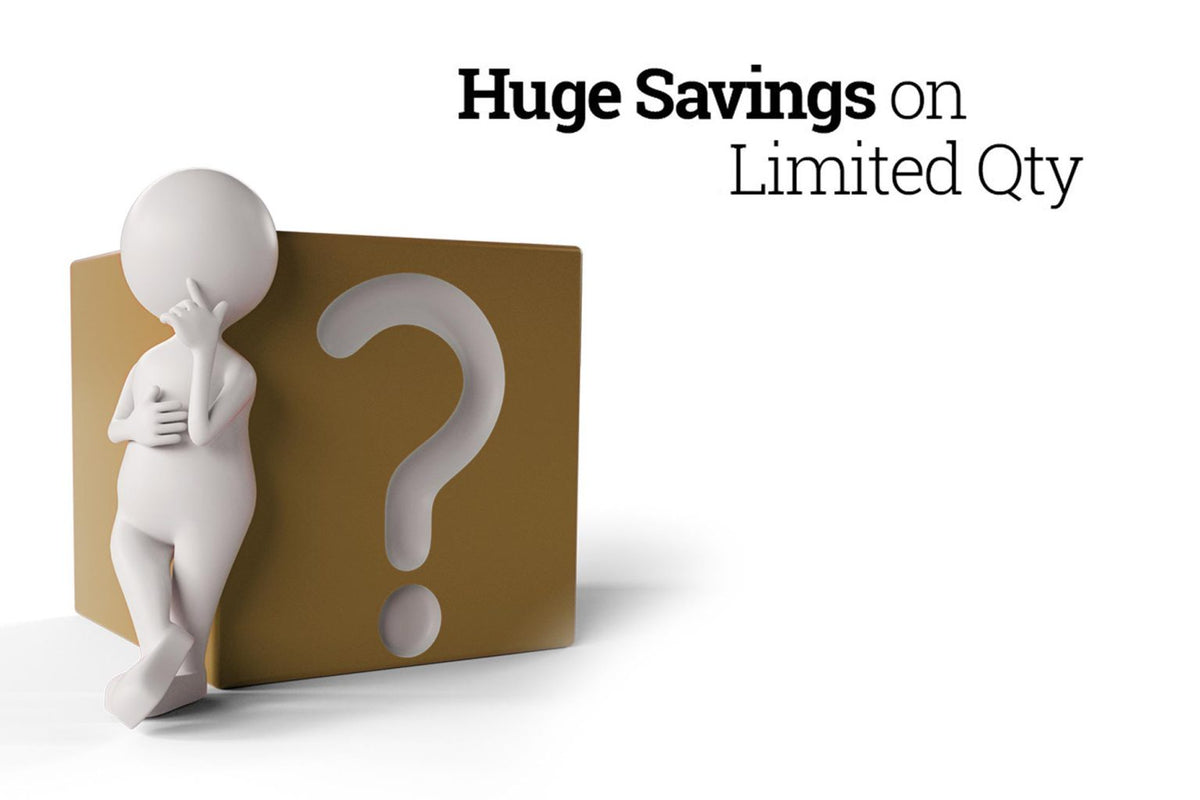 figure leaning against a box with a question mark stamped with text "Huge Savings on Limited Qty"