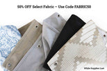 Fabric swatches with a promotional message for a discount on select fabric.