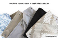 Fabric swatches with a promotional message for a discount on select fabric.