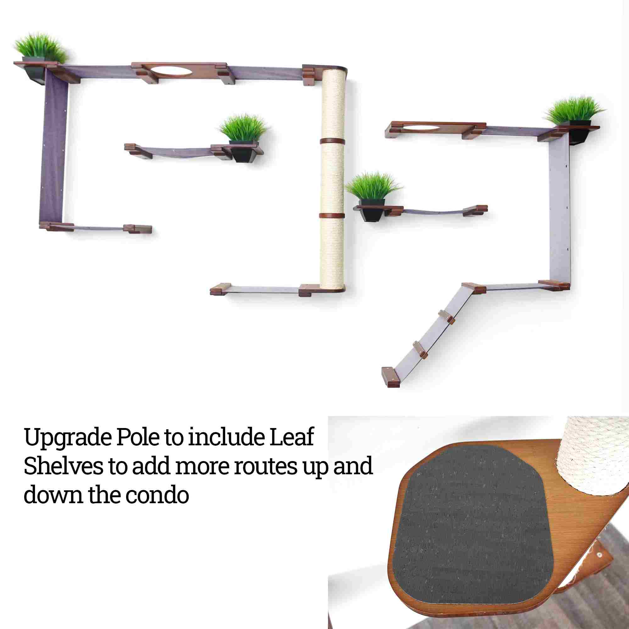 cat condo with pole shelves and plants