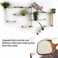 cat climbing on cat condo with pole shelves