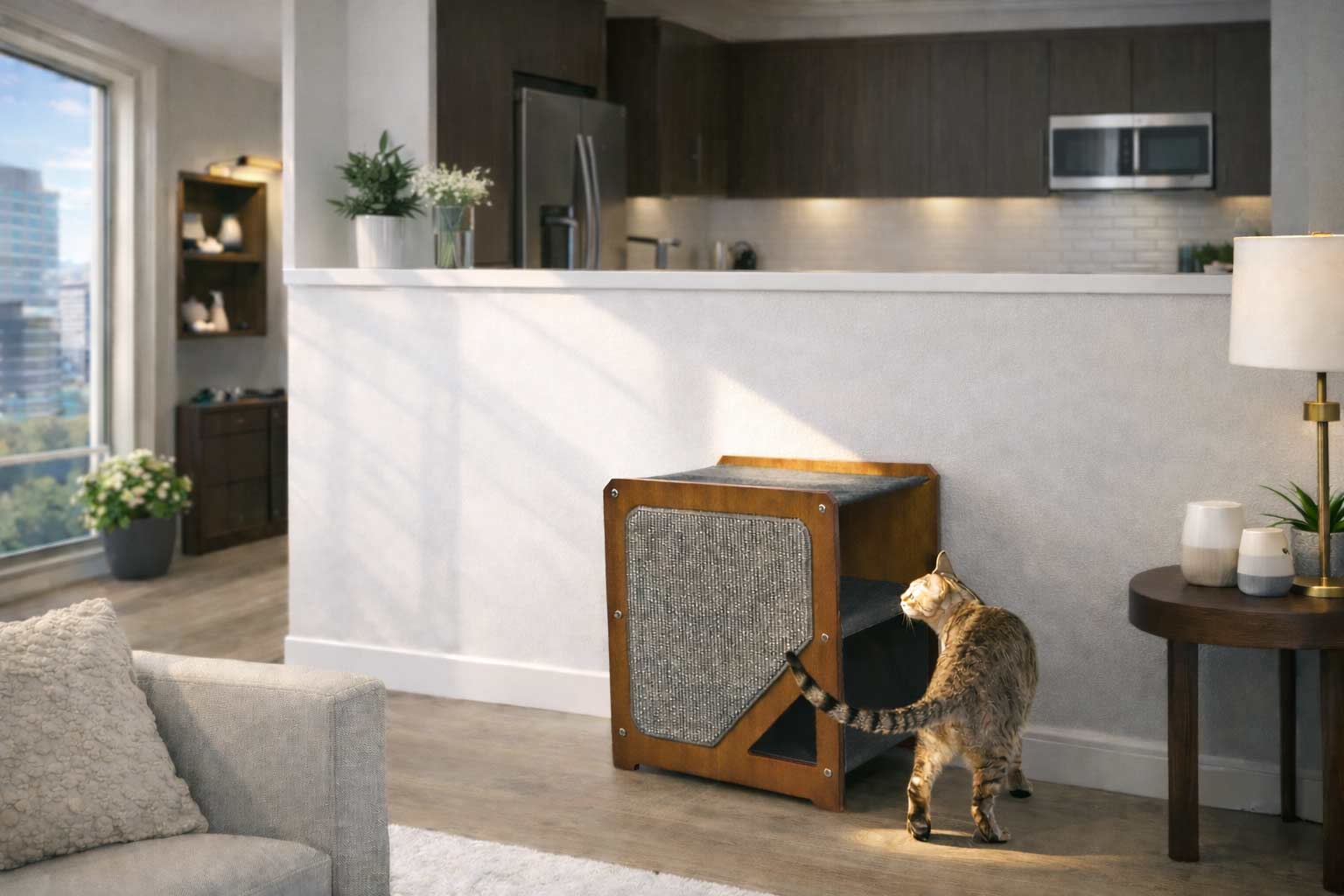 Cat standing on a wooden cat tree in a modern living room with a cityscape view.