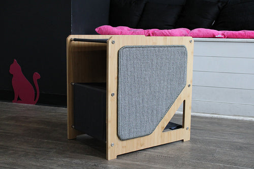 wooden cat tree with scratching pad
