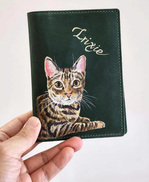 Leather wallet with a hand painted cat portrait on it with their name