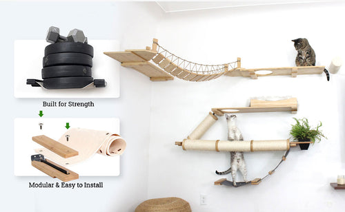 Cat play structure with hammock and shelves on a white wall, featuring text about strength, modularity, and ease of installation.