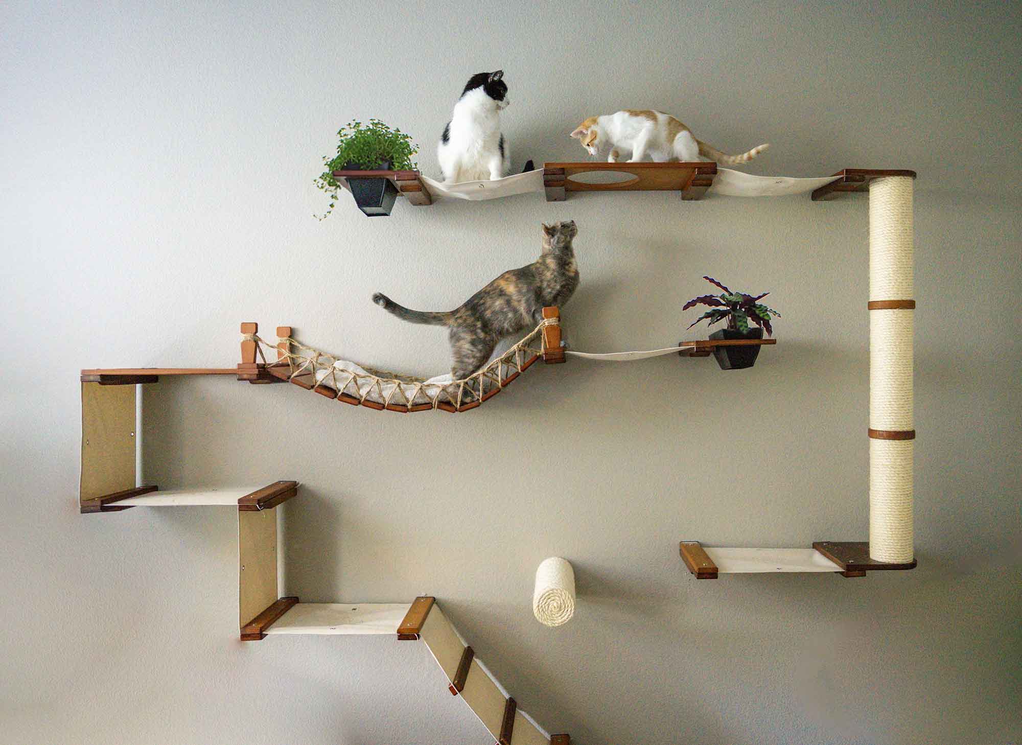 CatastrophiCreations The Juggernaut Wall Mounted Cat Tree Condo Natural Bamboo Natural Canvas Twine Without Leaf Shelves