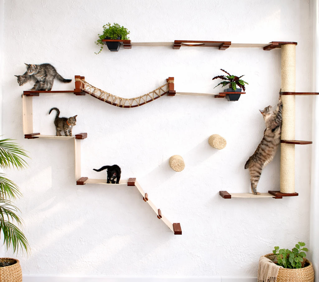 Cat play area with shelves, a bridge, and a scratching post on a white wall.