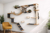 Cat climbing wall with shelves and a yellow chair in a room.