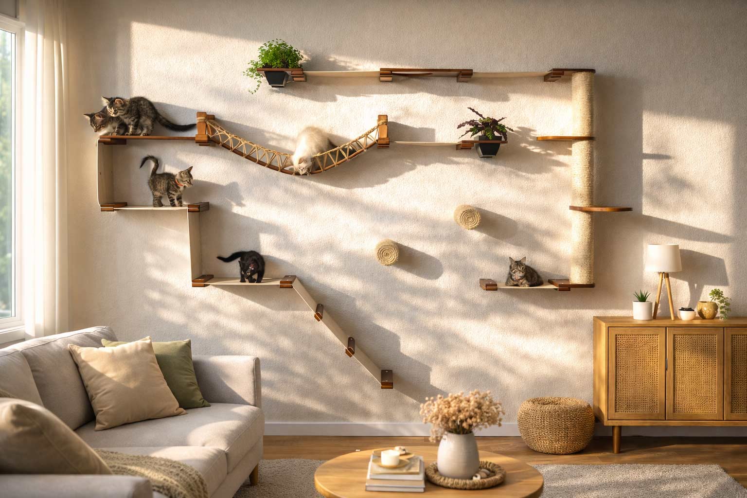 Wall-mounted cat shelves in a living room with a couch and decor items.