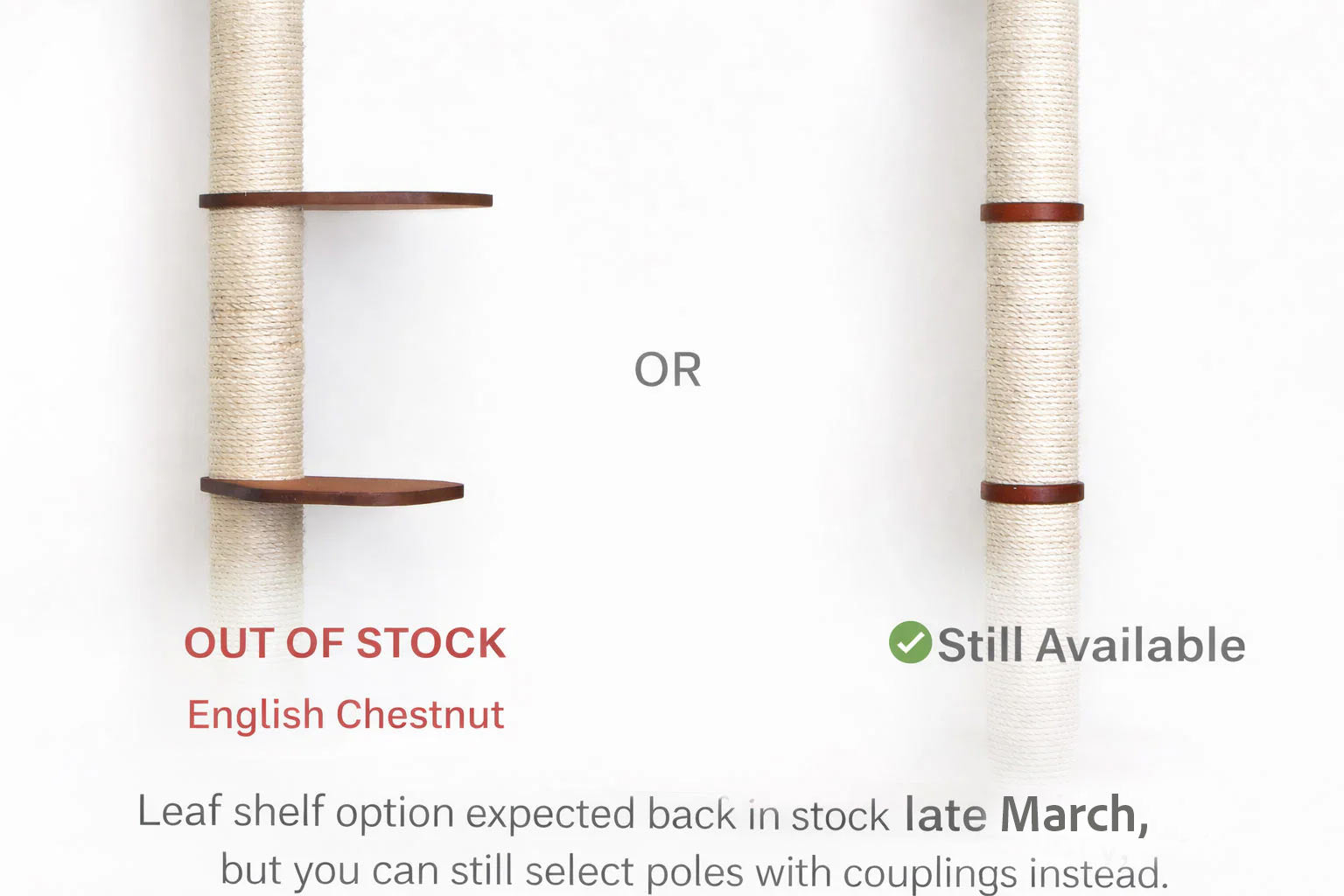 Two cat shelves with text indicating stock availability on a white background