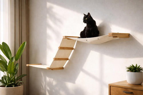 cat sitting on cat wall hammock in a living room setting