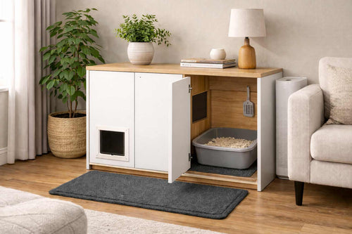 Cabinet with a hidden litter box inside, placed in a living room setting.