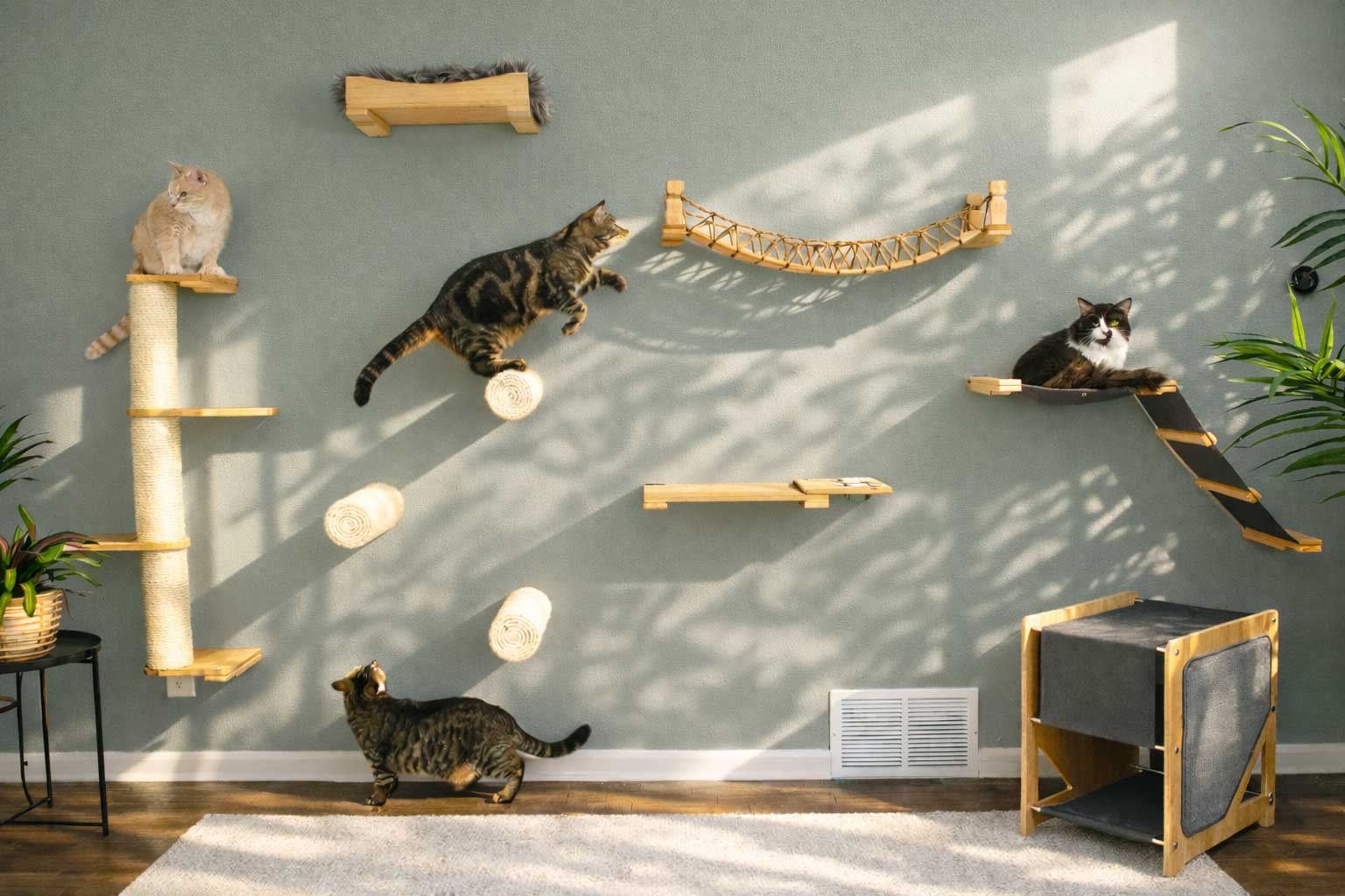 Cat climbing wall with multiple shelves and a cat sitting on a shelf.