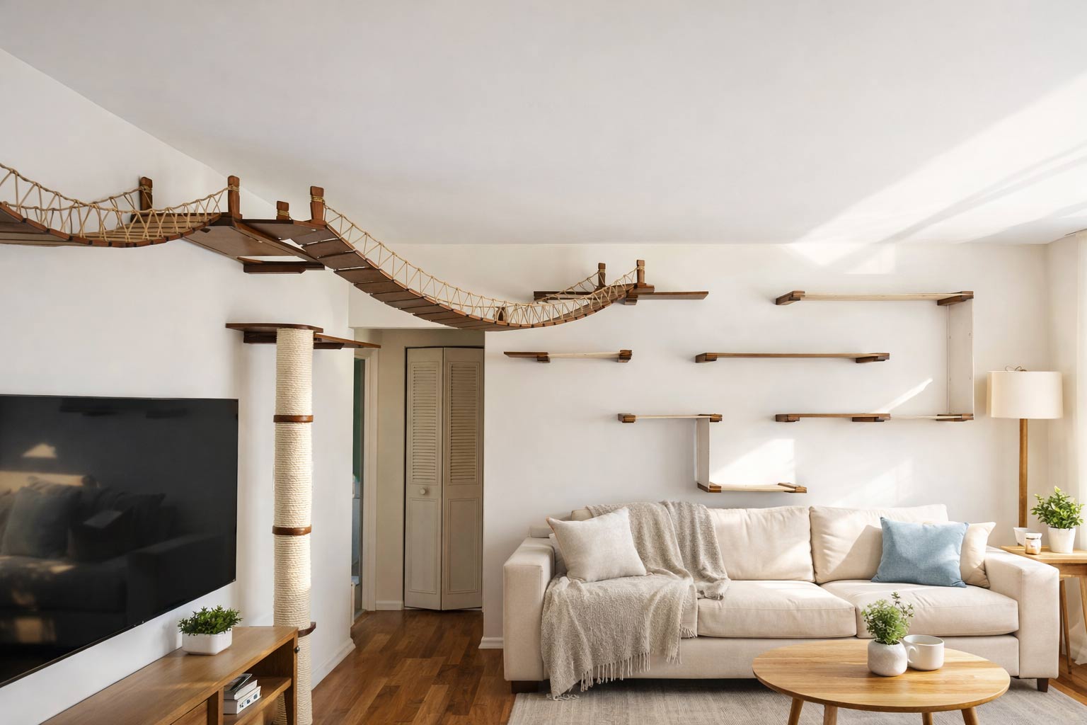 Modern living room with a white sofa, coffee table, and decorative wall shelves.