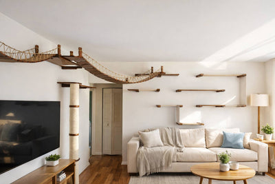 Modern living room with a white sofa, coffee table, and decorative wall shelves.