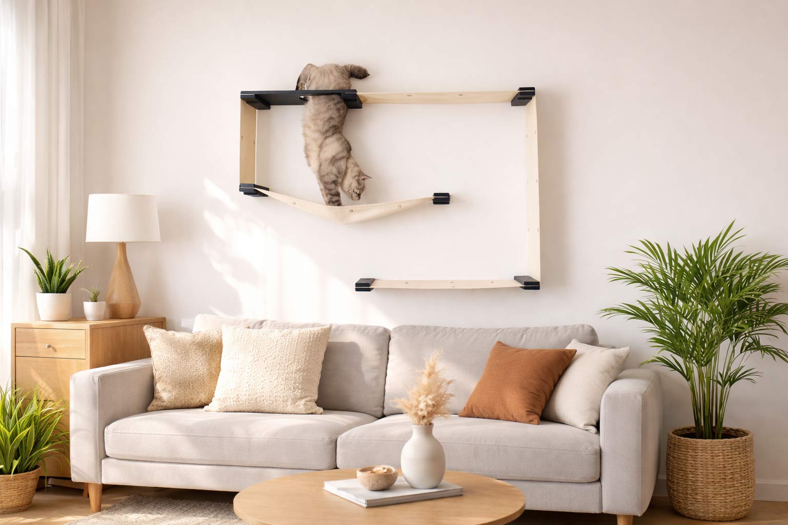 Living room with a gray sectional sofa, cat on a shelf, and plants.