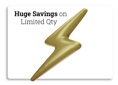 Gold lightning bolt-shaped object with text 'Huge Savings on Limited Qty' on a white background