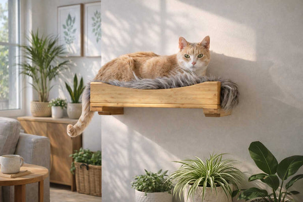 Cat lounging on a wooden cat shelf in a sunlit room with plants.